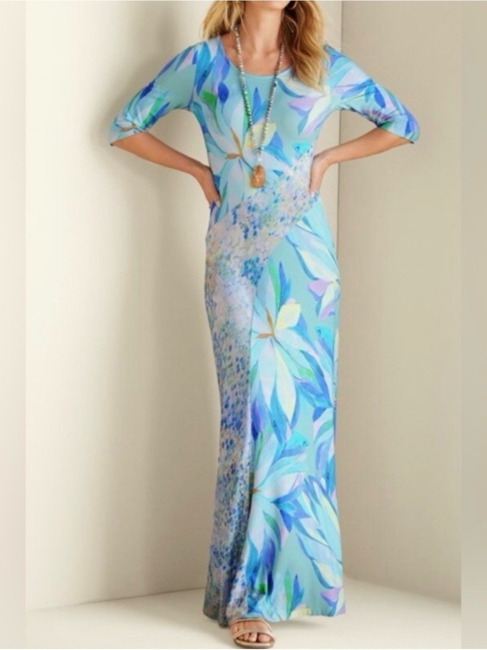 NWT Soft Surroundings Stella Dress Maxi Scoop Neck Half Sleeve Blue Aqua Green M - Picture 3 of 16